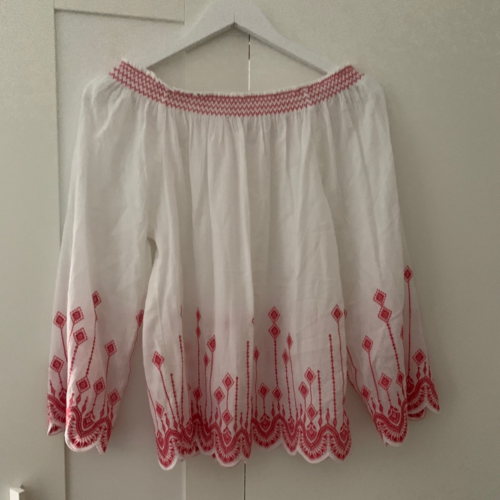 White summer shirt with pink embroidery